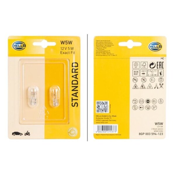 Bulb 12 V 5 W W5W W2.1x9.5 crystal clear HELLA STANDARD for e.g. ALFA ROMEO GT