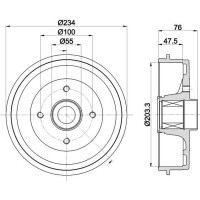 Brake Drum Ø 234 mm Ø 12 mm HELLA suitable for e.g. DACIA SANDERO