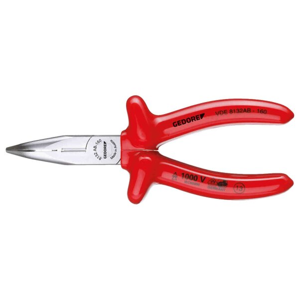 VDE flat round nose pliers with dip insulation 160 mm GEDORE VDE 8132 AB-160