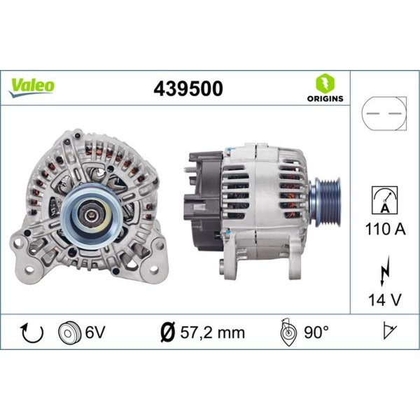 Generator 57mm with V-ribbed belt pulley VALEO for VW CADDY III