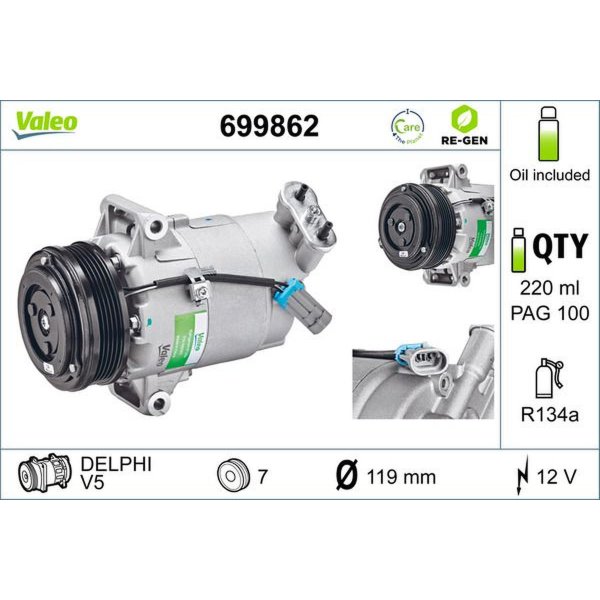 Air conditioning compressor 105mm with PAG compressor oil VALEO for OPEL ASTRA H