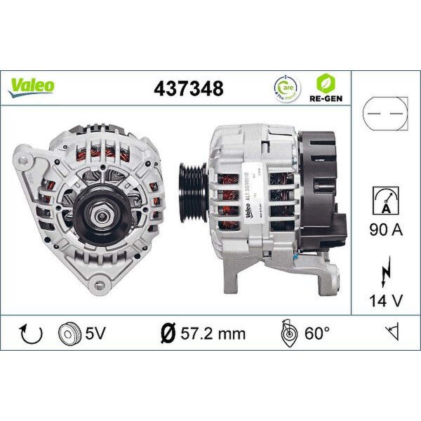 Generator 57mm with V-ribbed belt pulley VALEO for AUDI A6 C5