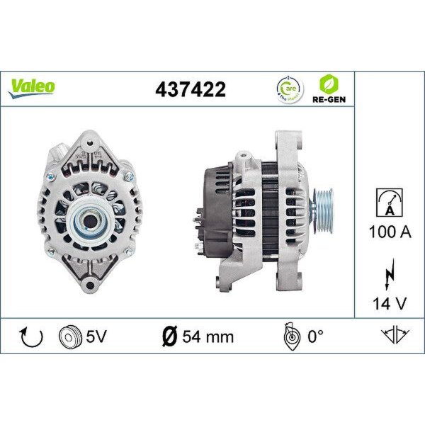 Generator 54mm with V-ribbed belt pulley VALEO for OPEL ASTRA G