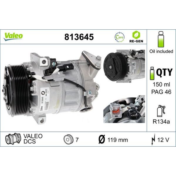 Air conditioning compressor 119mm with PAG compressor oil VALEO for RENAULT LAGUNA III