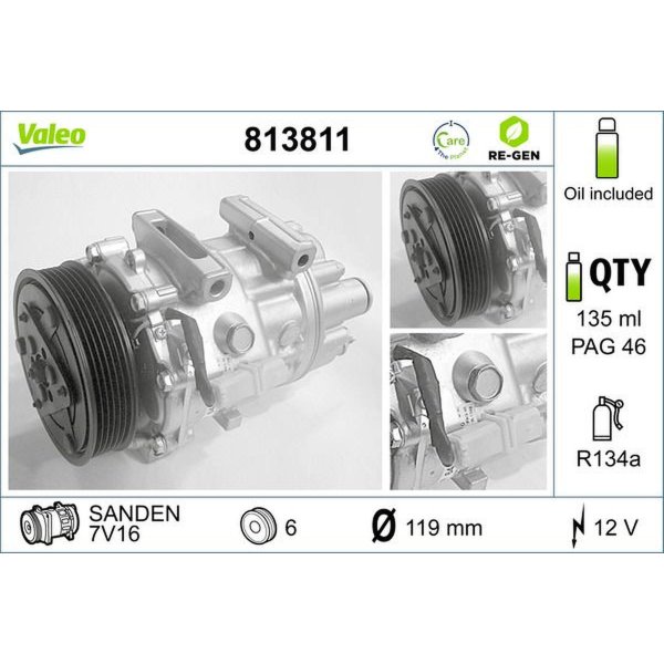 Air conditioning compressor 119mm with PAG compressor oil VALEO for CITROËN JUMPY II