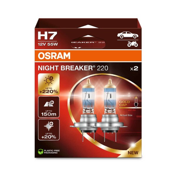 2 OSRAM NIGHT BREAKER 220 H7 Halogen-Scheinwerferlampen 1500lm 55W 12V