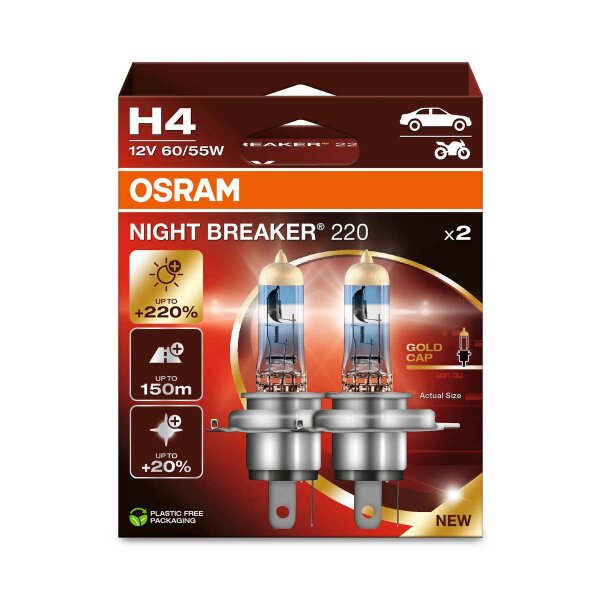 2 OSRAM NIGHT BREAKER 220 H4 Halogen-Scheinwerferlampen 1650/1000lm 12V