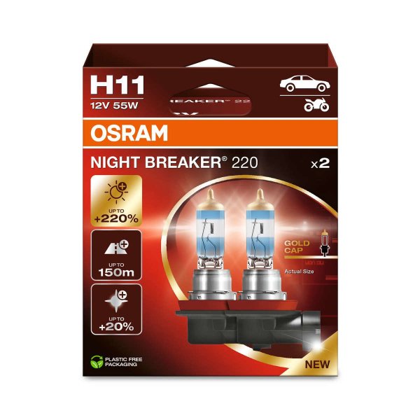 2 OSRAM NIGHT BREAKER 220 H11 halogen headlight bulbs 1350lm 55W 13.2V