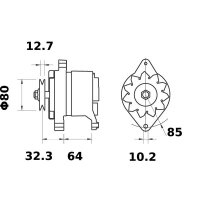 Alternator 14 V 80 A pulley Ø 10,2 mm MAHLE suitable for LOMBARDINI