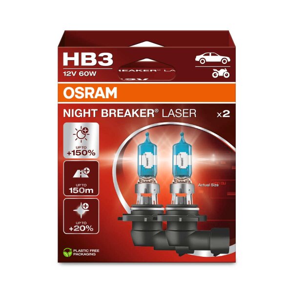 2 Glühlampen HB3 12V 60W P20d OSRAM NIGHT BREAKER® LASER passend für PKW