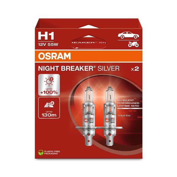 2 Glühlampen H1 12V 55W P14.5s OSRAM NIGHT BREAKER® SILVER passend für PKW