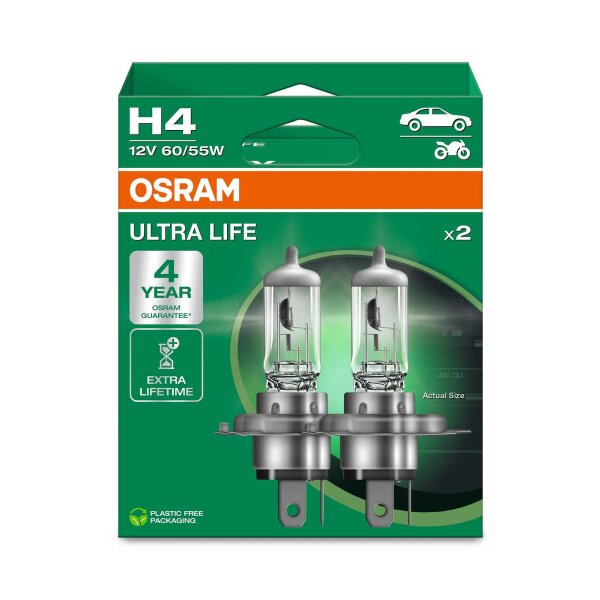 2 OSRAM ULTRA LIFE H4 Halogen-Scheinwerferlampen 12V