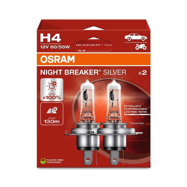 2 OSRAM Night Breaker Silver H4 Halogen-Scheinwerferlampen 12V PKW