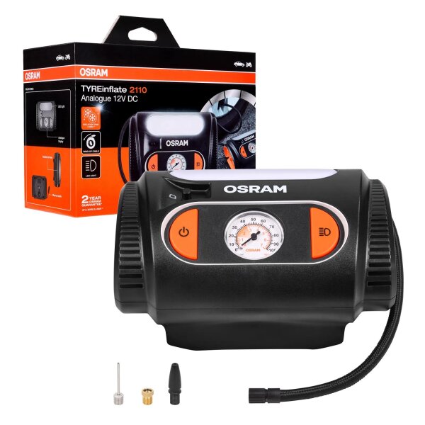 Air compressor Tyre pump to 6.9bar analogue display 12V OSRAM TYREinflate2110