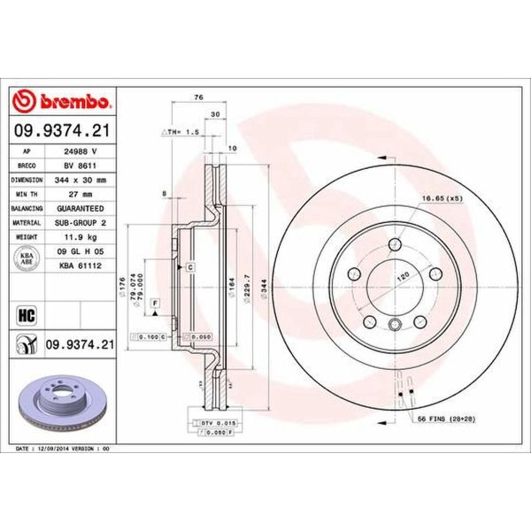 Front brake disc 344mm BREMBO for LAND ROVER RANGE ROVER III