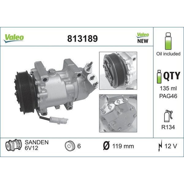 Kompressor Klimaanlage 119mm VALEO für PEUGEOT 206 Schrägheck