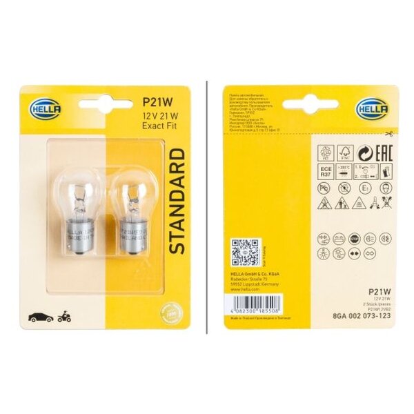 Bulb 12 V 21 W P21W BA15s crystal clear HELLA STANDARD for e.g. ALFA ROMEO 33