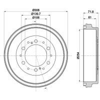 2 Brake Drum Ø 308 mm HELLA suitable for e.g. TOYOTA HIACE