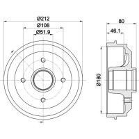 Brake Drum Ø 212 mm Ø 12 mm HELLA suitable for e.g. PEUGEOT 106