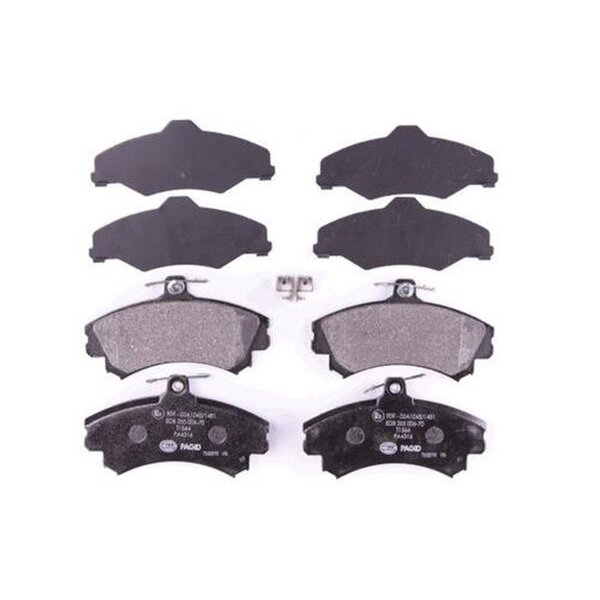 Brake pad set with wear warning 17.4 mm HELLA for e.g. MITSUBISHI COLT