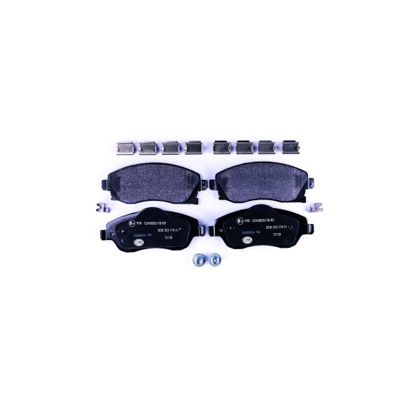 Brake pad set discs with wear warning 17 mm HELLA for e.g. OPEL CORSA