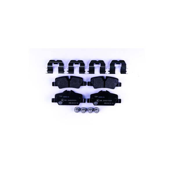 Brake pad set discs with wear warning 16.6 mm HELLA for e.g. MINI MINI