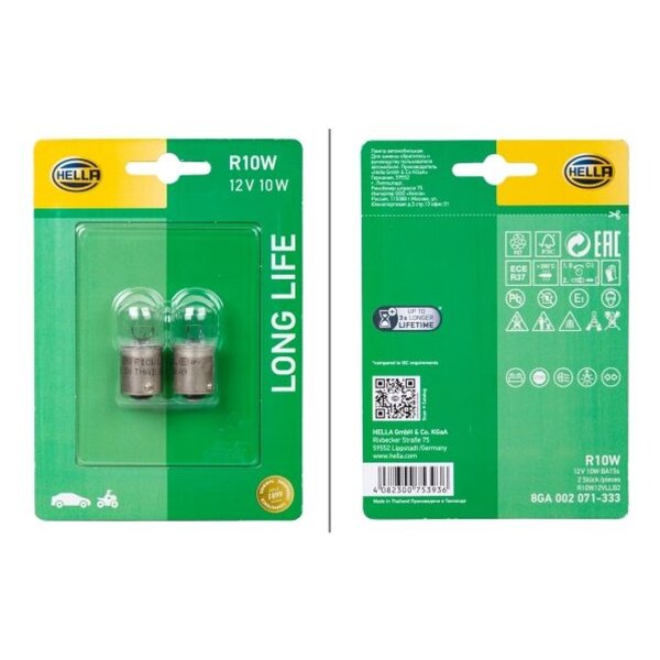 Bulb 12 V 10 W R10W BA15s crystal clear HELLA LONG LIFE for e.g. SEAT Altea